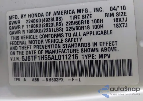 2010 Honda Accord Crosstour Ex-L z USA, uszkodzony, nr VIN 5J6TF1H55AL011216